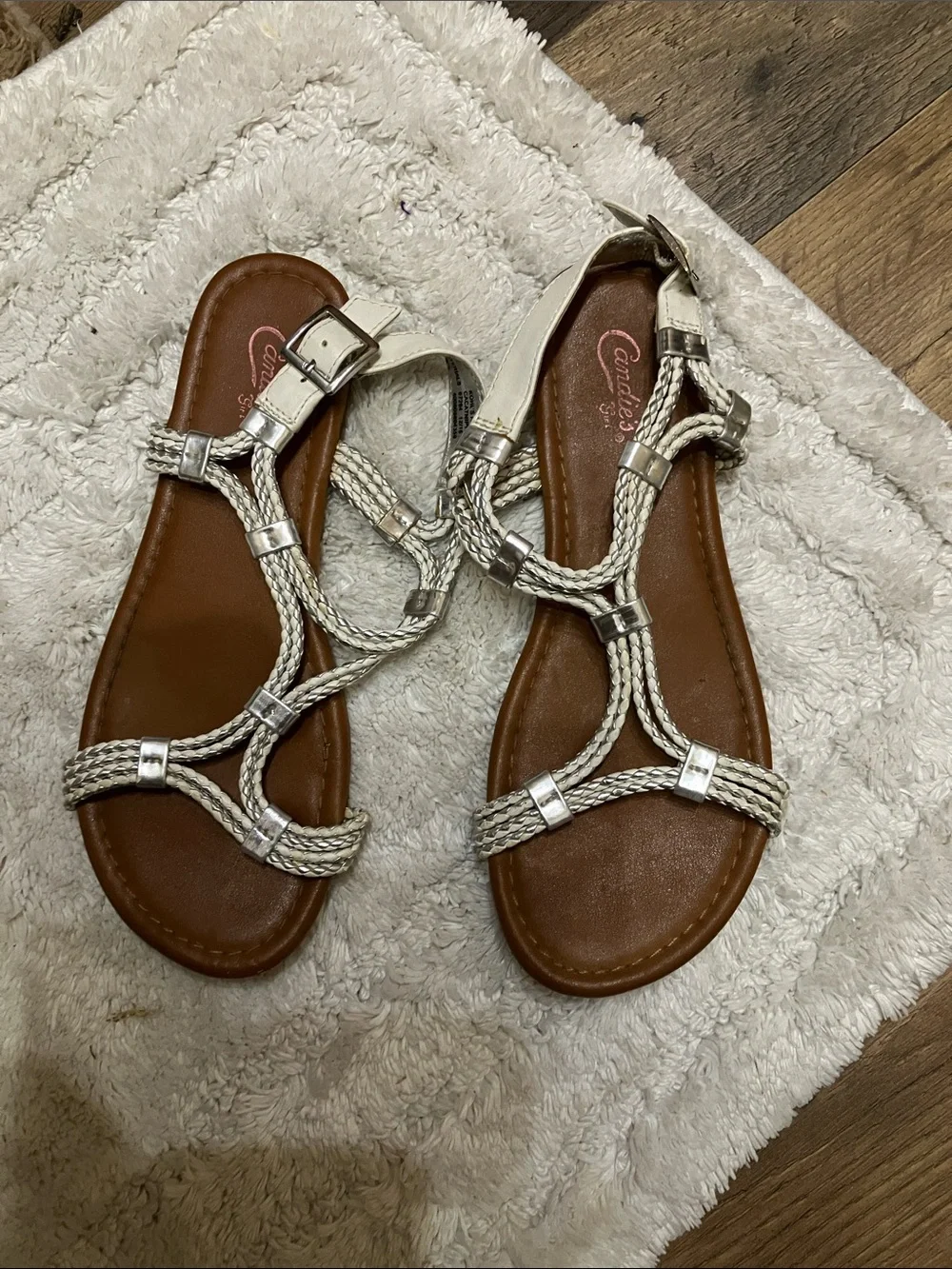 Candie's Braided Silver T-Strap Sandals with Brown Footbed